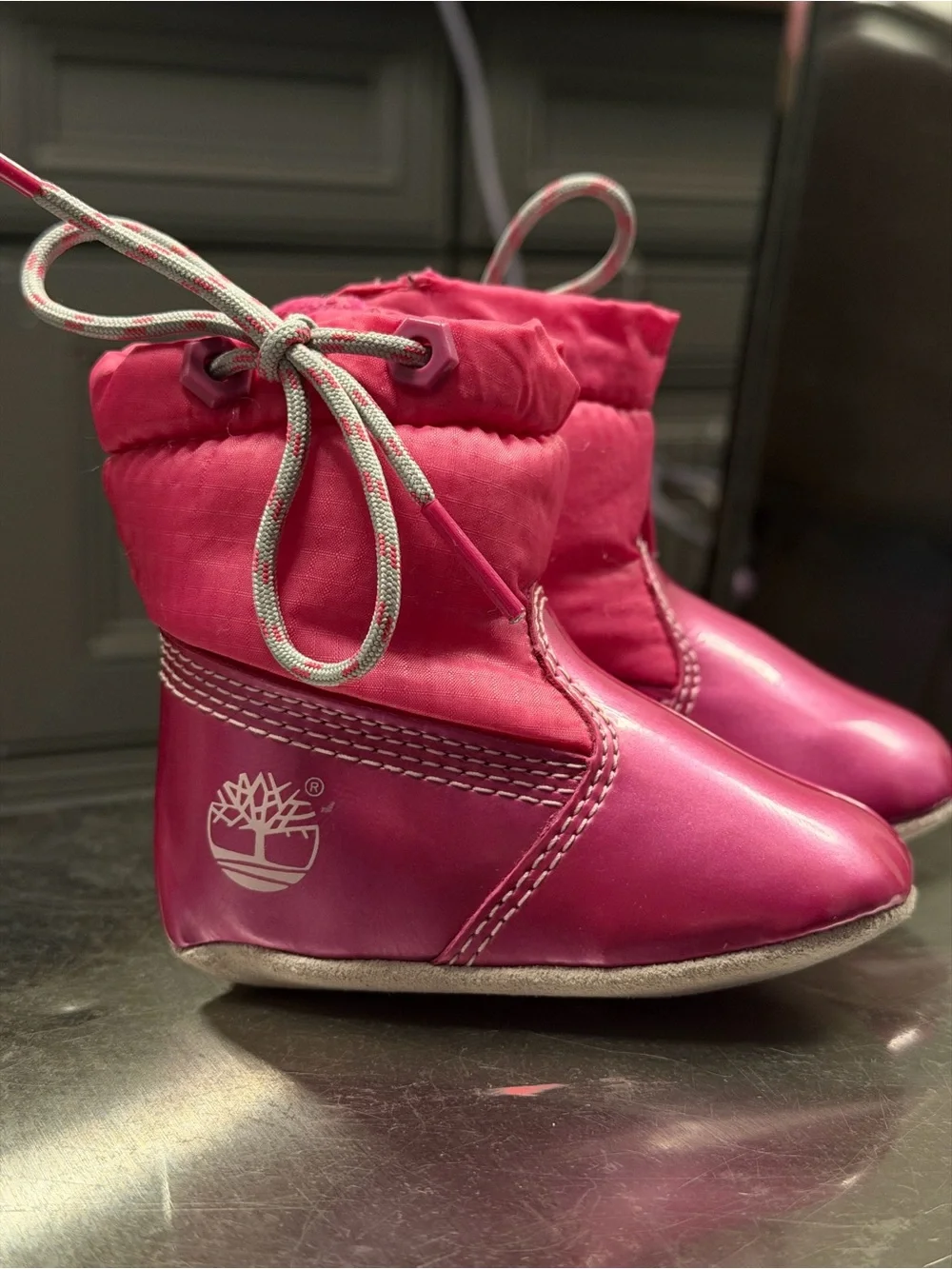 Timberland Pink Leather Ankle Booties Size 1 Fur Lined Draw Cord